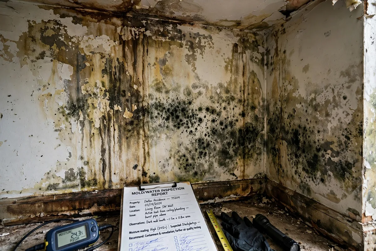 Black mold growth on water damaged drywall in a Dallas Texas home