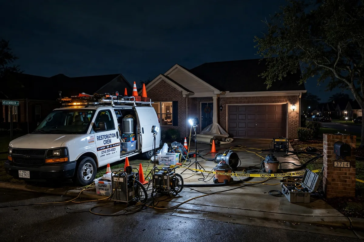 Emergency restoration crew arriving at a Dallas home at night
