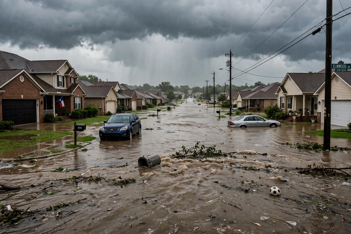 Flash flood water rising on a Dallas Texas residential street during a heavy storm