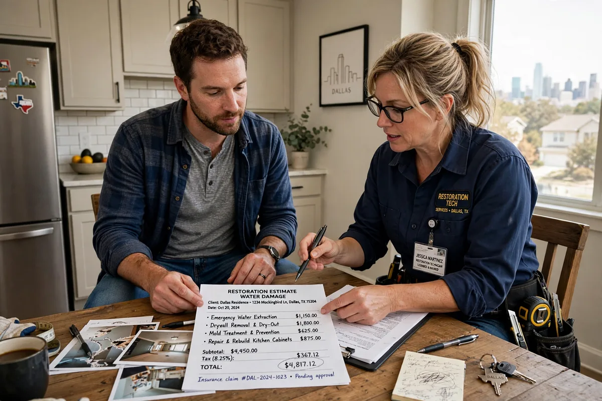 Dallas homeowner discussing restoration estimate with technician