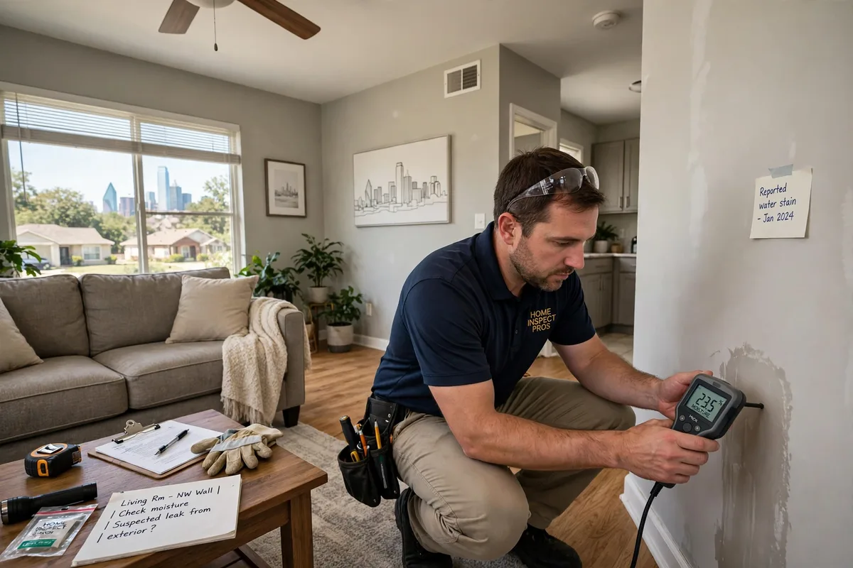 Technician mapping moisture in a water damaged Dallas wall