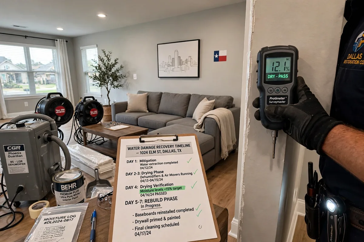 Dallas water damage recovery timeline showing drying verification and rebuild phases