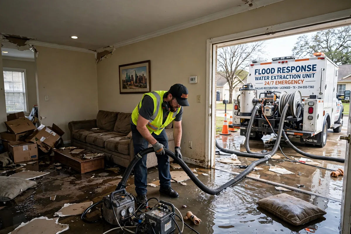 Emergency water damage restoration crew extracting water in a Dallas home