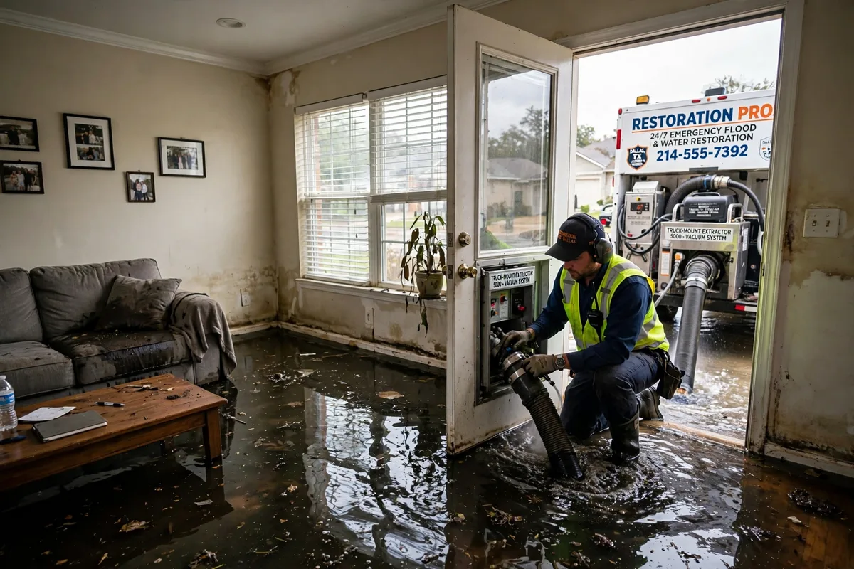 Flood damage restoration crew extracting standing water from a flooded Dallas home during emergency restoration