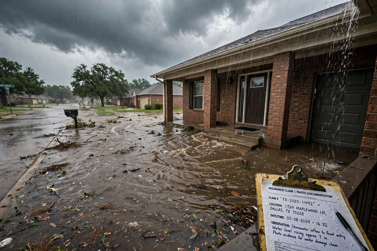 Flood water rising toward a Dallas Texas home exterior during a storm