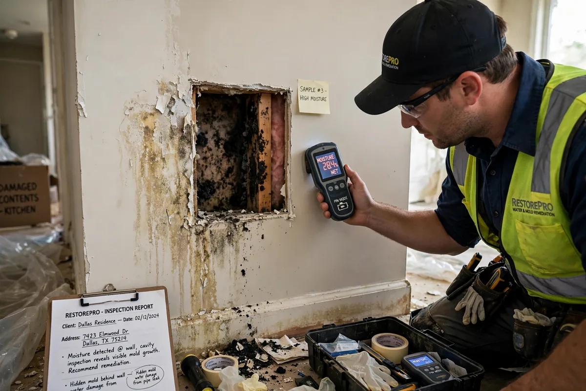 Hidden mold inspection behind drywall after water damage in a Dallas home