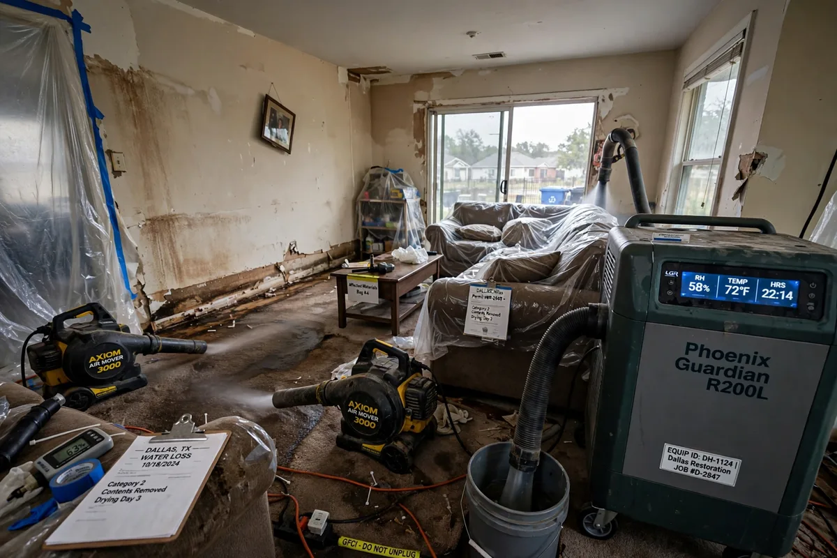Professional air movers and dehumidifiers drying a water damaged room in Dallas Texas
