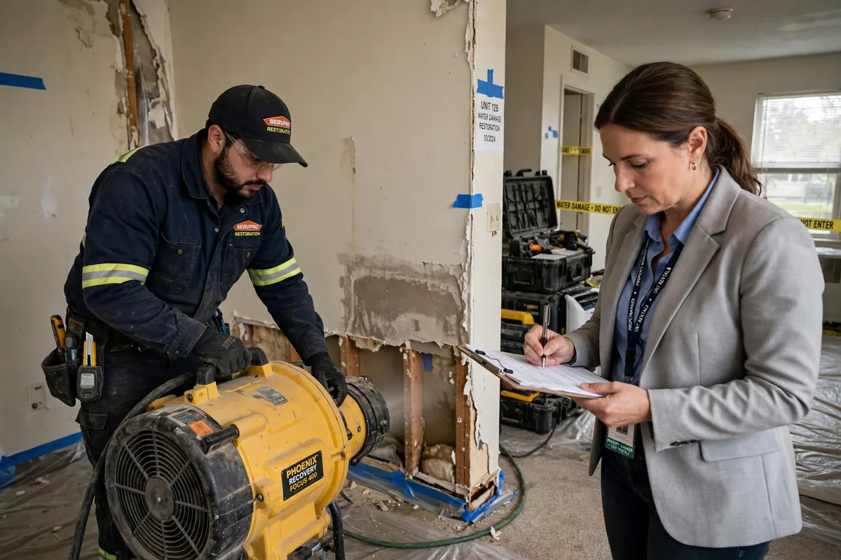 Landlord-arranged water damage repair in a Dallas rental with restoration crew at work