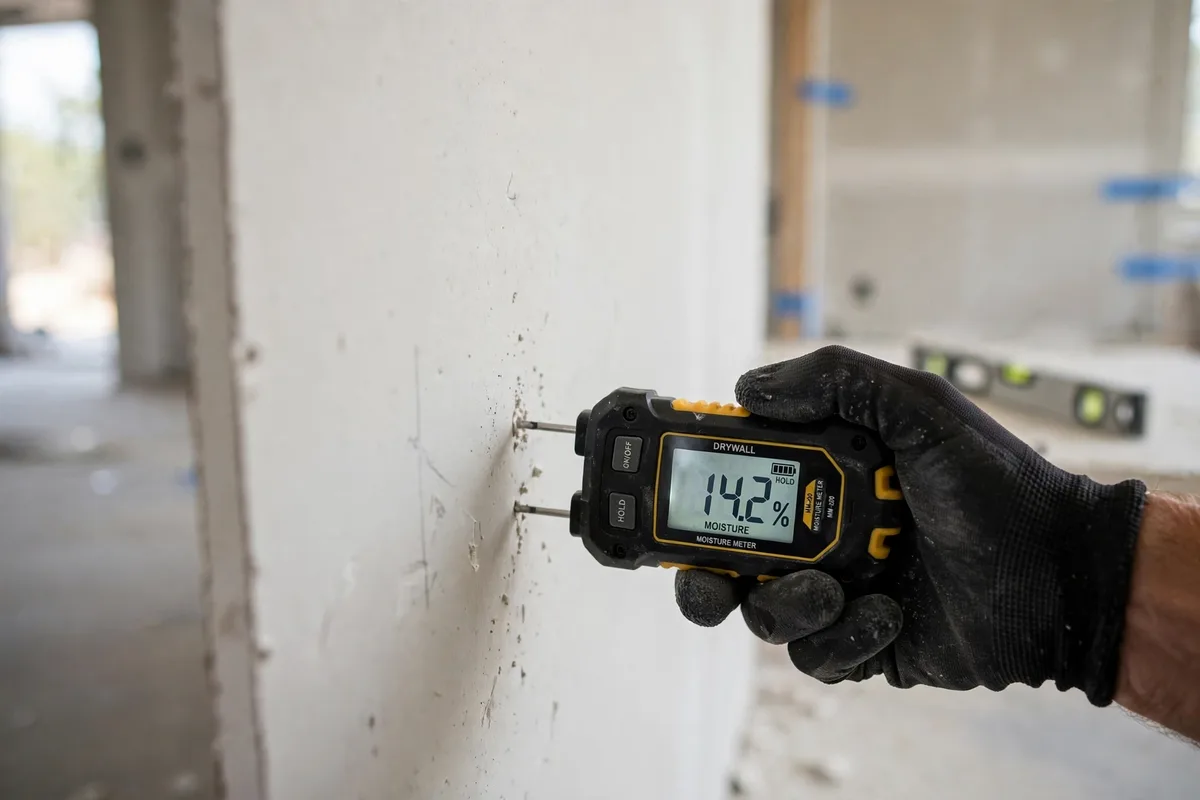 Technician checking moisture meter reading on drywall during structural drying in Dallas