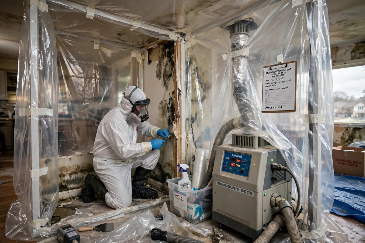 Professional mold remediation containment with negative air pressure in a Dallas home after water damage