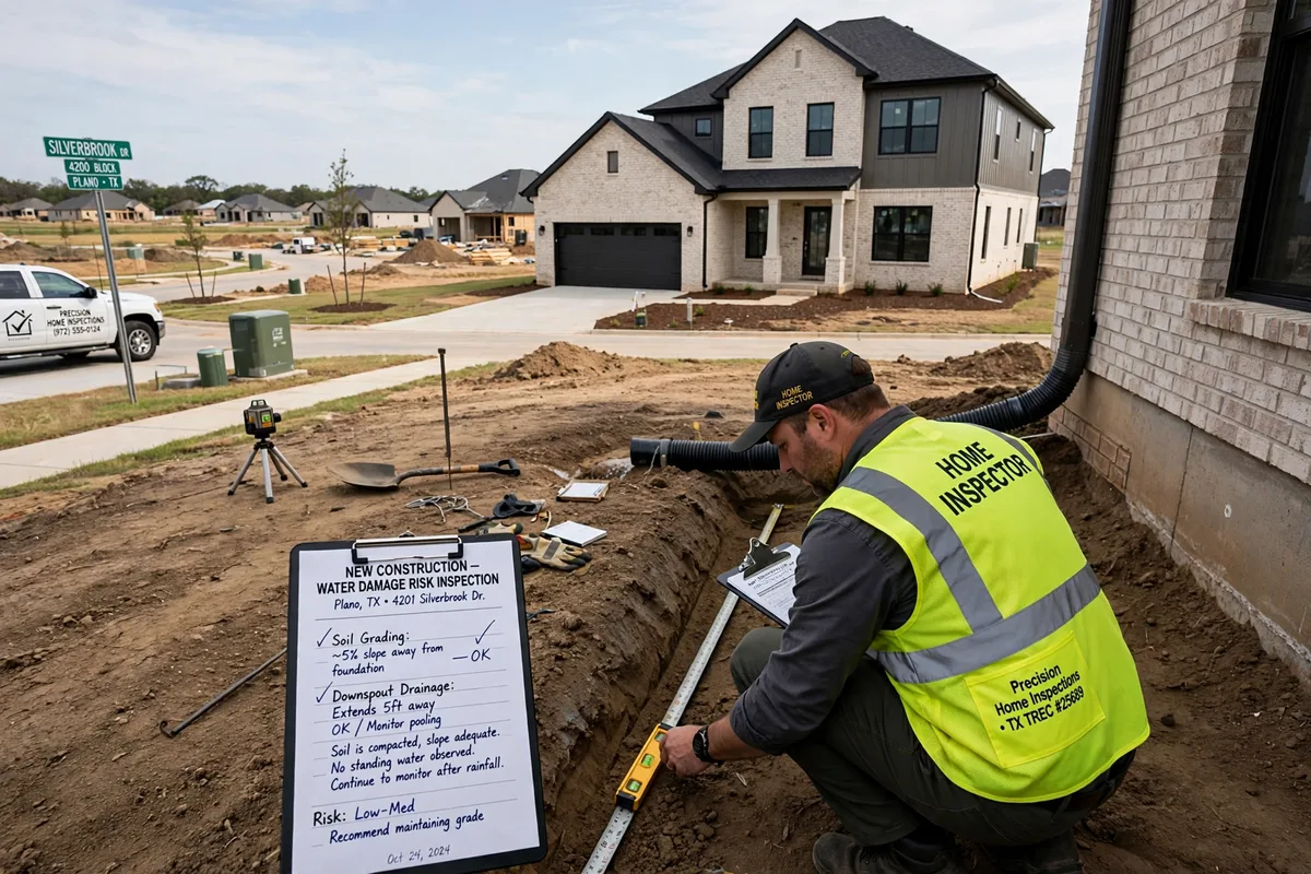 New construction home in Plano Texas with water damage risk inspection concept