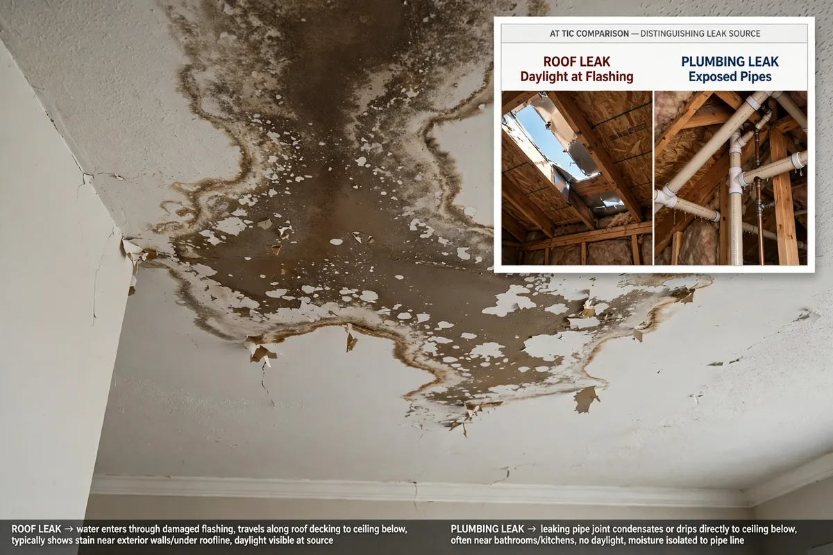 Water stain on a Dallas home ceiling with diagnostic clues distinguishing a roof leak from a plumbing leak