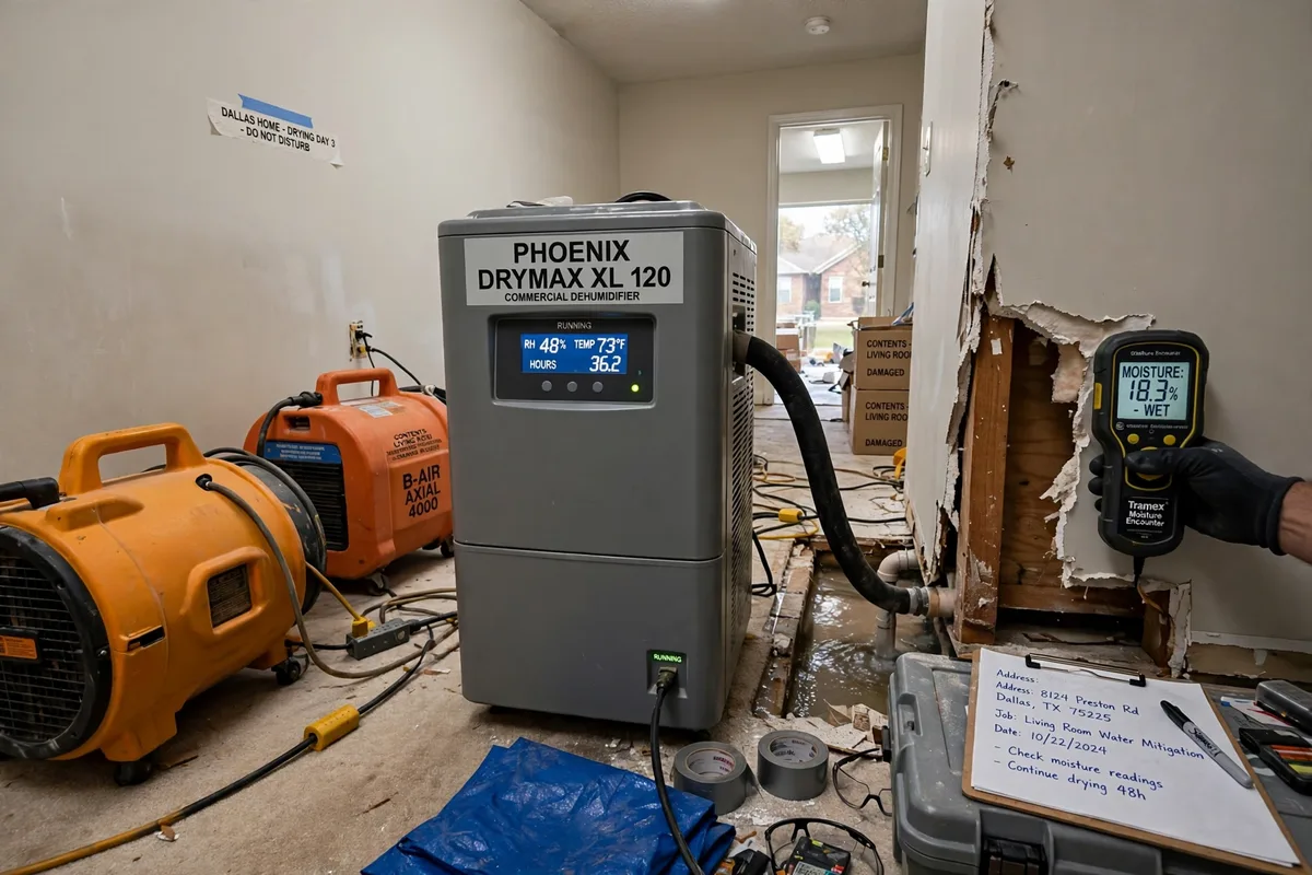 Industrial air movers and dehumidifiers drying a Dallas home