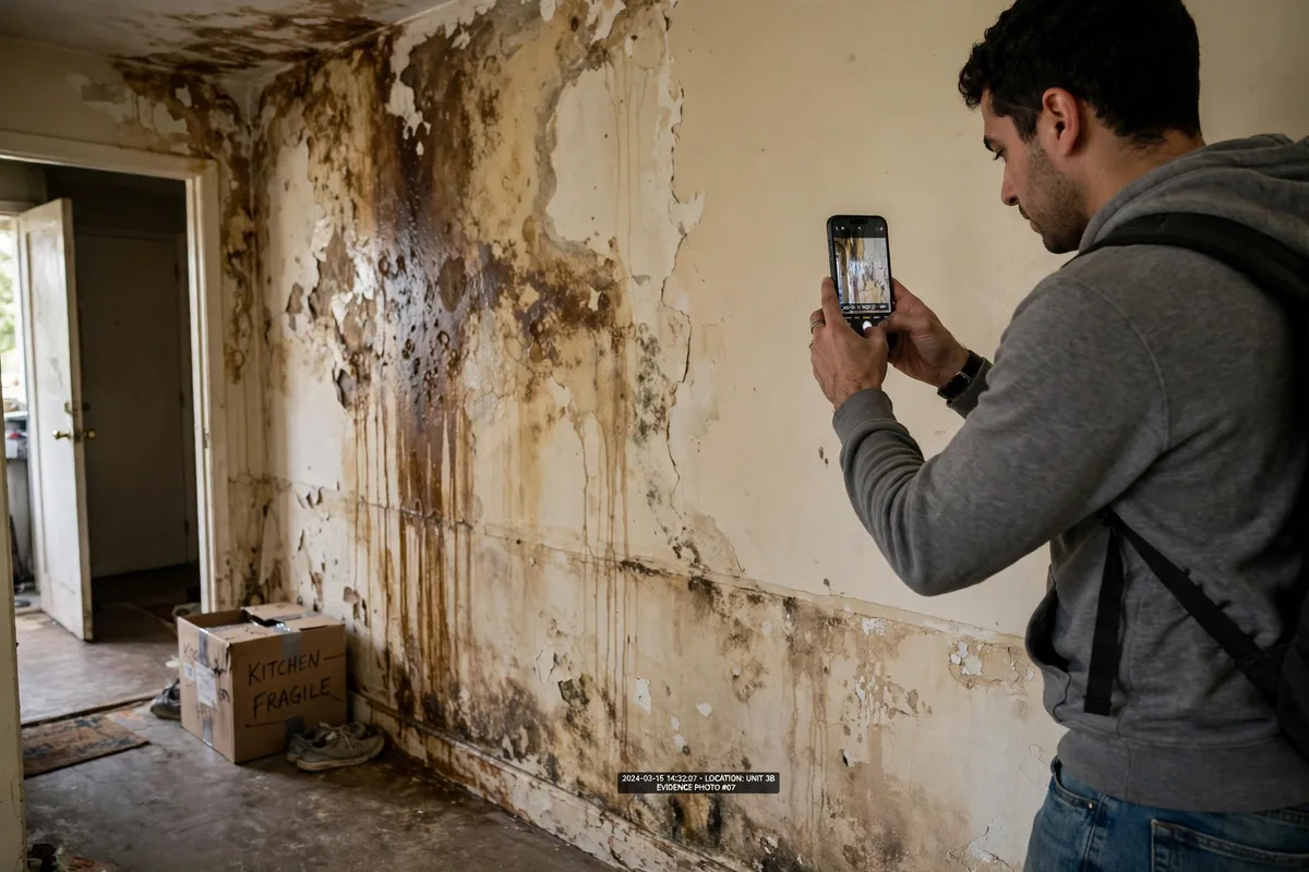 Dallas renter photographing water damage with a phone for landlord notice documentation