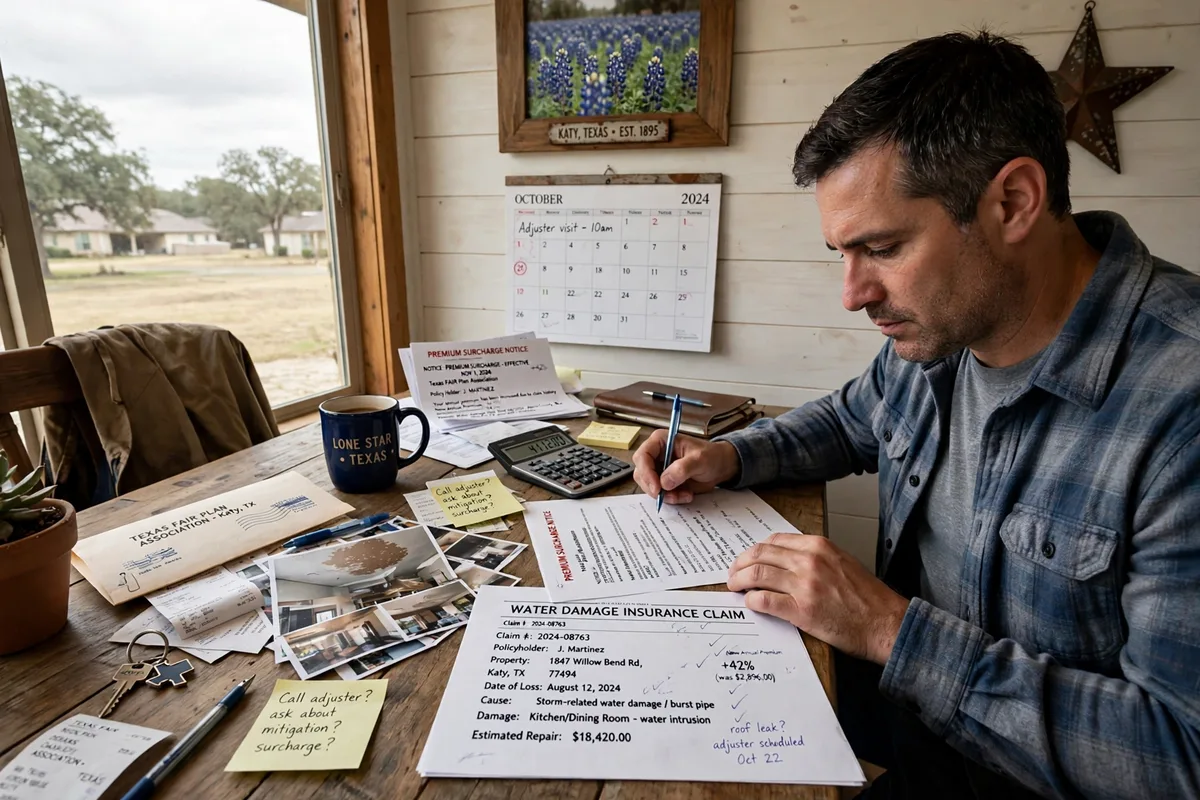 Texas homeowner reviewing a water damage insurance claim and premium surcharge notice