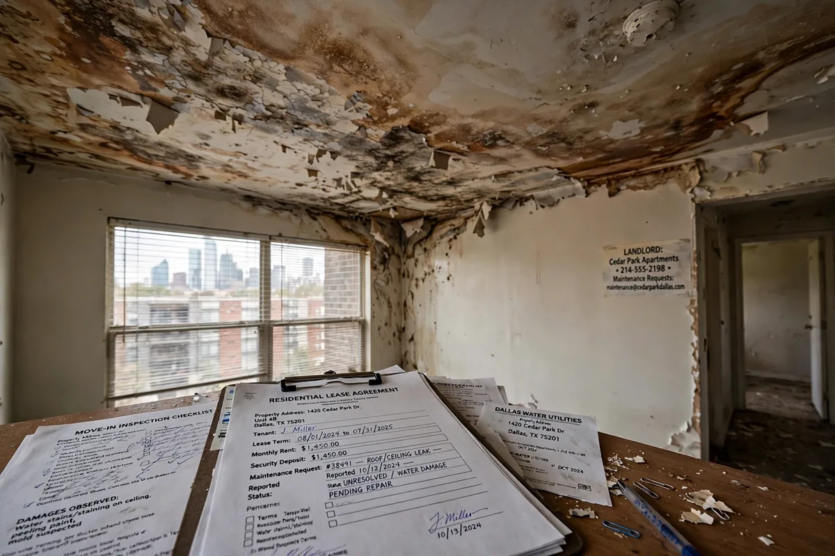 Water damage in a Dallas rental property with landlord and tenant responsibility guide