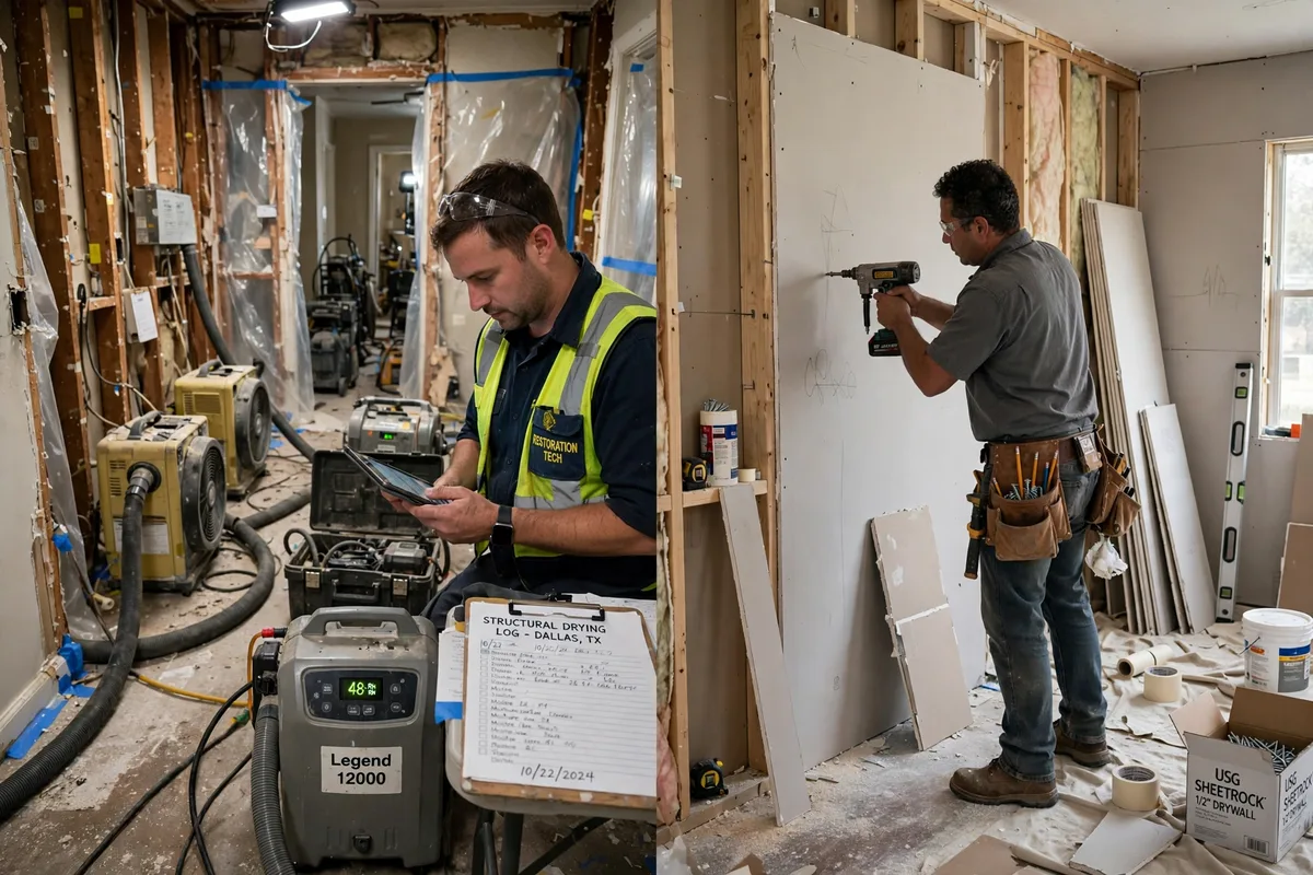 Water damage restoration crew drying a Dallas home contrasted with repair work during rebuild phase