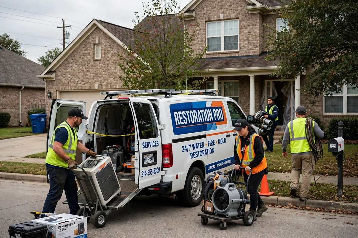 Water damage restoration crew van arriving at a Dallas neighborhood home